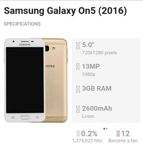 SAMSUNG GALAXY'S on5 storage 16GB fingers also